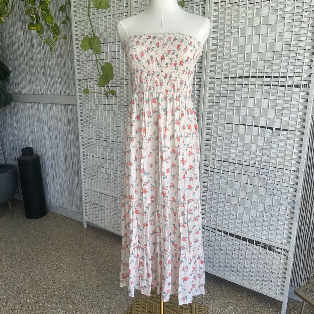 Hot Kiss Y2k 90s Tiered Cream Pink Floral Tube Dress Women's Large Stretchy